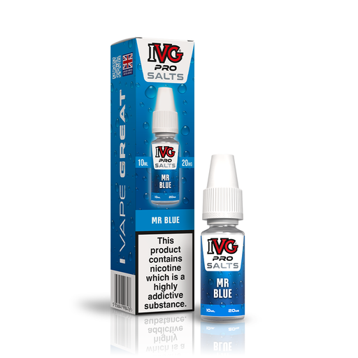 A 10ml bottle of IVG Pro Salts Mr Blue 20mg  e-liquid next to its retail packaging box, both featuring a blue design with a prominent nicotine warning label.
