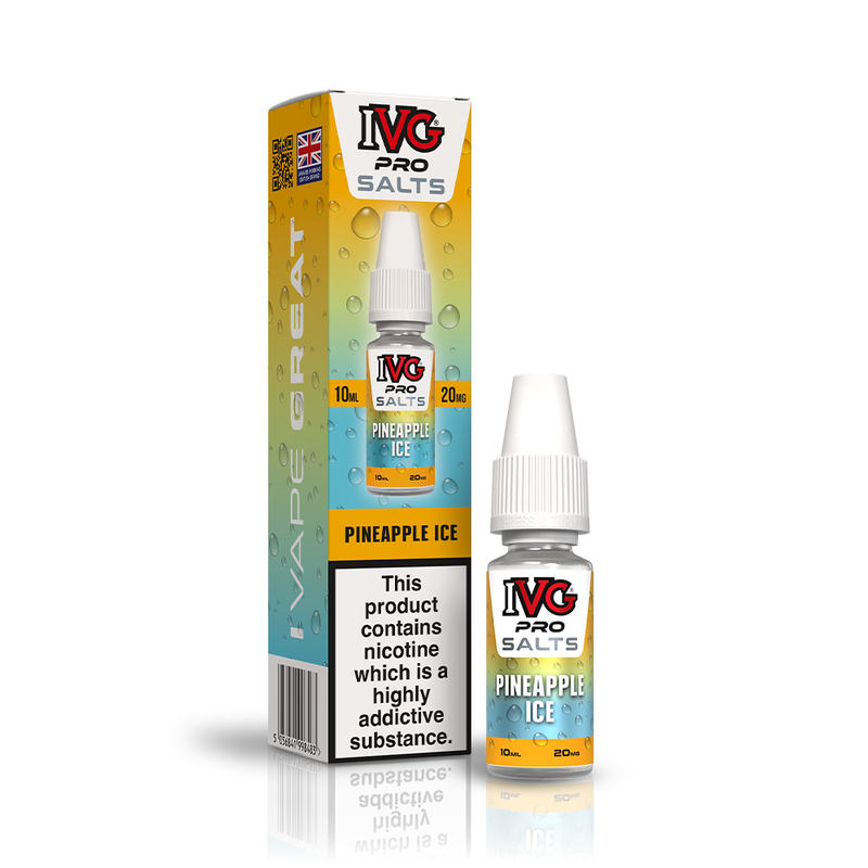 A 10ml bottle of IVG Pro Salts Pineapple Ice 20mg  e-liquid next to its retail packaging box, both featuring a blue and yellow design with a prominent nicotine warning label.