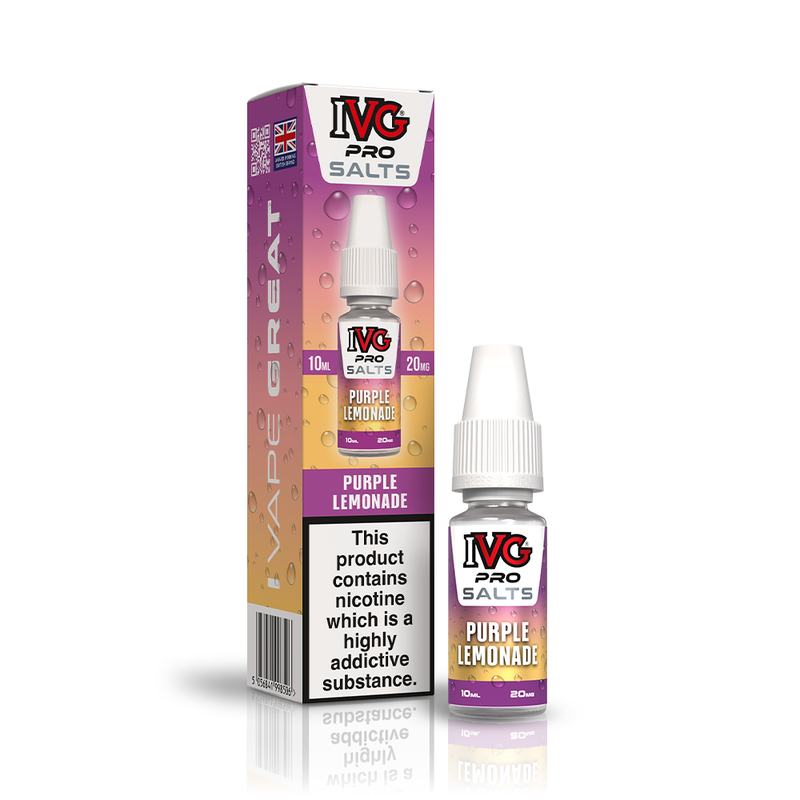 A 10ml bottle of IVG Pro Salts Purple Lemonade 20mg  e-liquid next to its retail packaging box, both featuring a purple and yellow design with a prominent nicotine warning label.