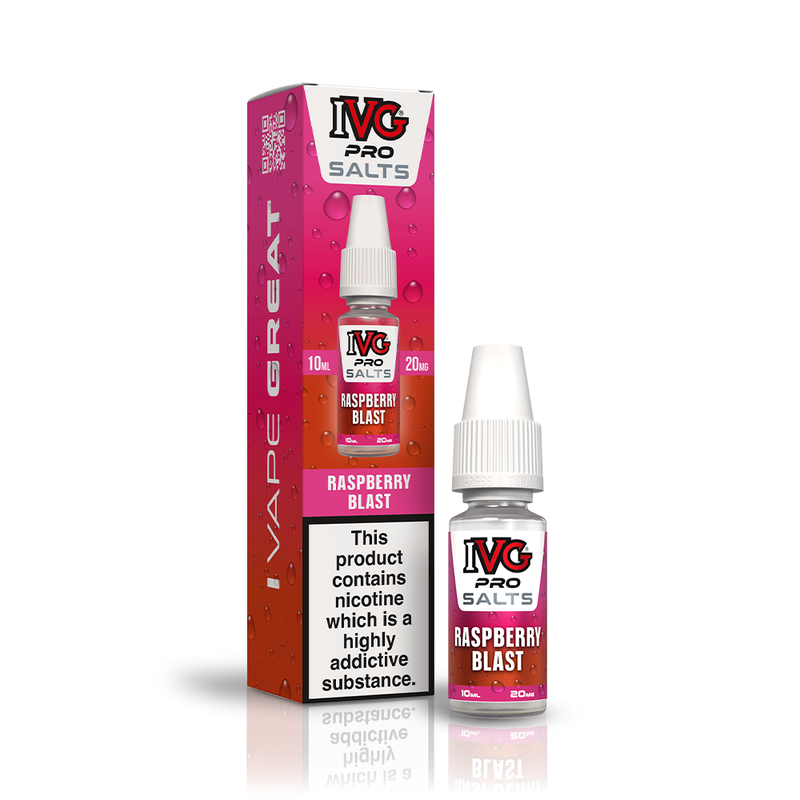 A 10ml bottle of IVG Pro Salts Raspberry Blast 20mg  e-liquid next to its retail packaging box, both featuring a pink and red design with a prominent nicotine warning label.