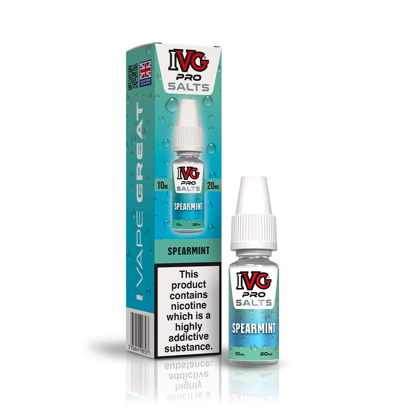 A 10ml bottle of IVG Pro Salts Spearmint 20mg  e-liquid next to its retail packaging box, both featuring a blue design with a prominent nicotine warning label.