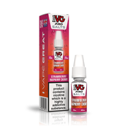 A 10ml bottle of IVG Pro Salts Strawberry Raspberry Cherry 20mg  e-liquid next to its retail packaging box, both featuring a red design with a prominent nicotine warning label.