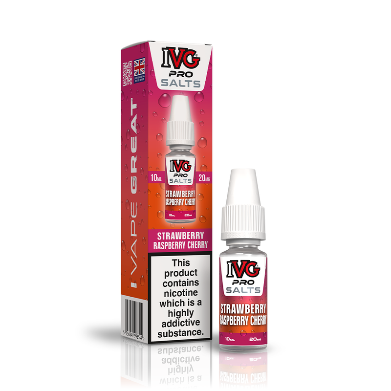 A 10ml bottle of IVG Pro Salts Strawberry Raspberry Cherry 20mg  e-liquid next to its retail packaging box, both featuring a red design with a prominent nicotine warning label.