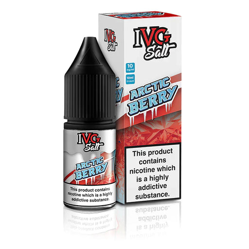 Black bottle with red and silver label "IVG Arctic Berry" Branding