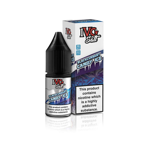 Blue and silver packaged 10 ml bottle with "IVG Blackcurrant Candy Ice" branding