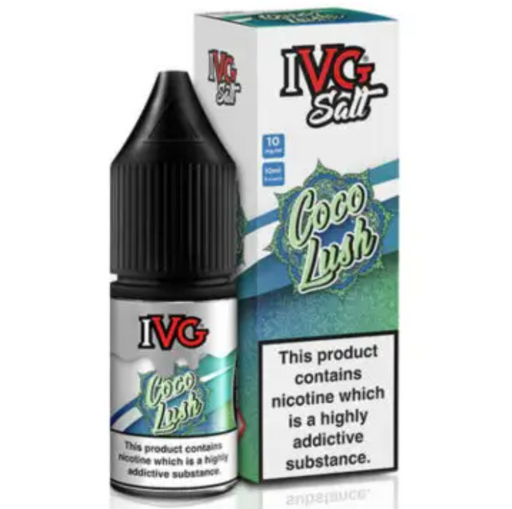 black Vape Juice bottle with silver and green label with "coco lush IVG" branding