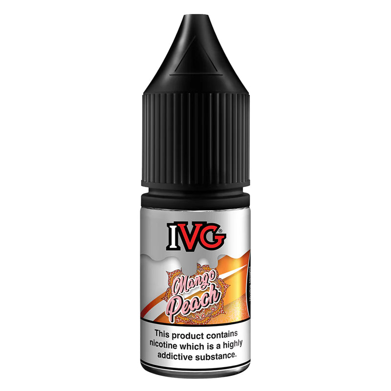 Black Vape liquid bottle 10ml with "IVG Mango Peach" branding