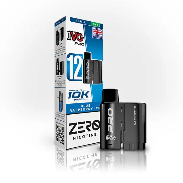 IVG Pro blue raspberry ice vaping pod and packaging on a white background