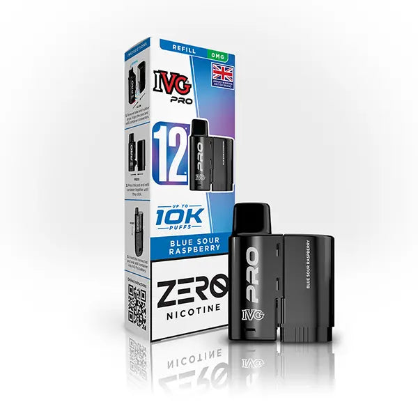 IVG Pro blue sour raspberry vaping pod and packaging on a white background