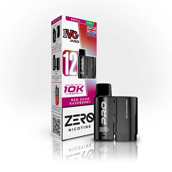 IVG Pro red sour raspberry vaping pod and packaging on a white background