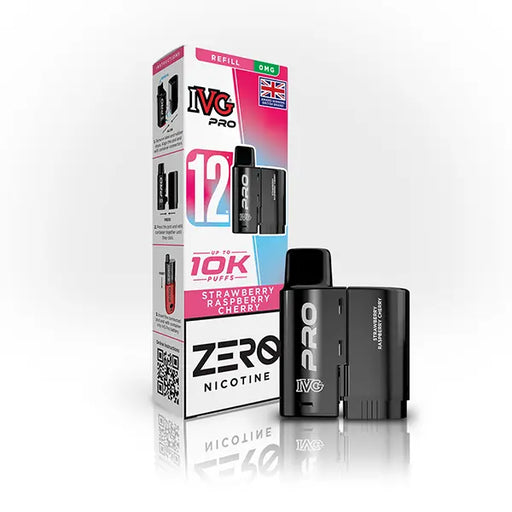 IVG Pro Strawberry Raspberry Cherry vaping pod and packaging on a white background