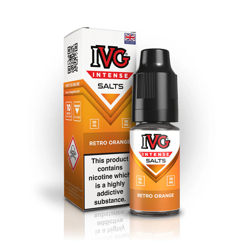 IVG Intense Salts Retro Orange e-liquid bottle and packaging on a white background