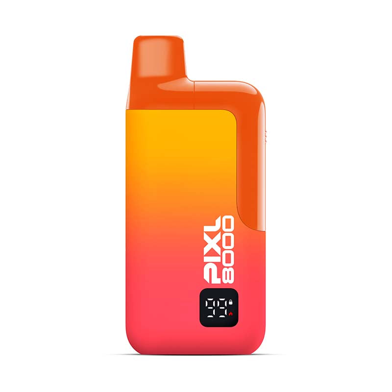 Orange and red vape device with 'Pixl 8000' branding on a white background