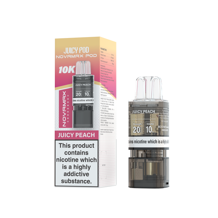 Juicy Pod Novamax pod for vaping devices with packaging on a white background Juicy Peach