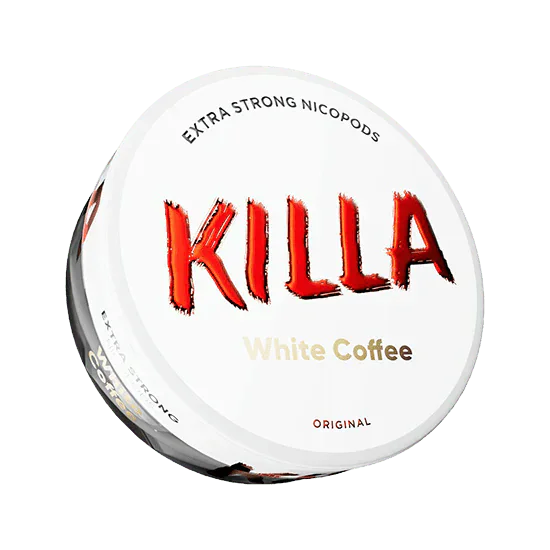 Killa White Coffee Nicotine Pouch in a white tub with red Killa Writing