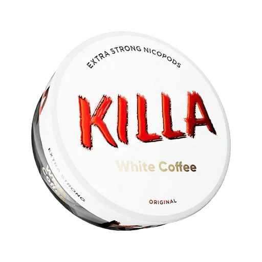 Killa White Coffee Nicotine Pouch in a white tub with red Killa Writing