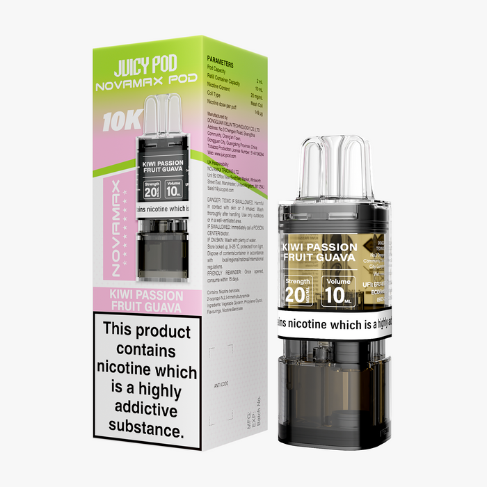Juicy Pod Novamax Pod packaging with kiwi passion fruit guava flavor on a white background