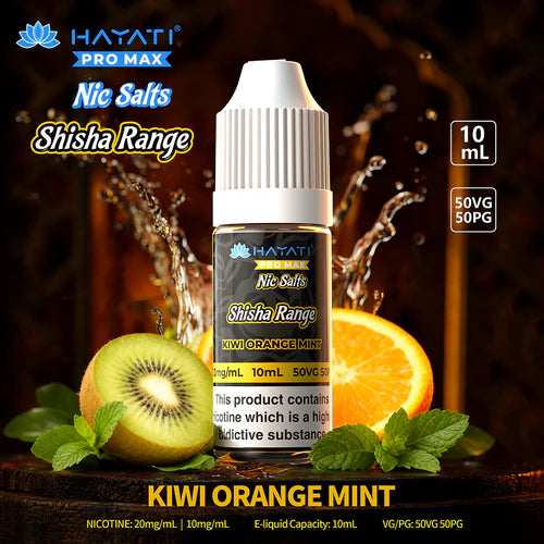 Kiwi Orange Mint on Eliquid with Shisha Range in yellow writing and Hayati Promax Logo in blue