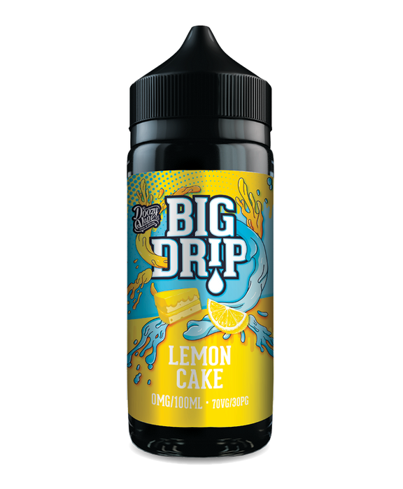 Big Drip Lemon Cake vape juice bottle with colorful label on a white background