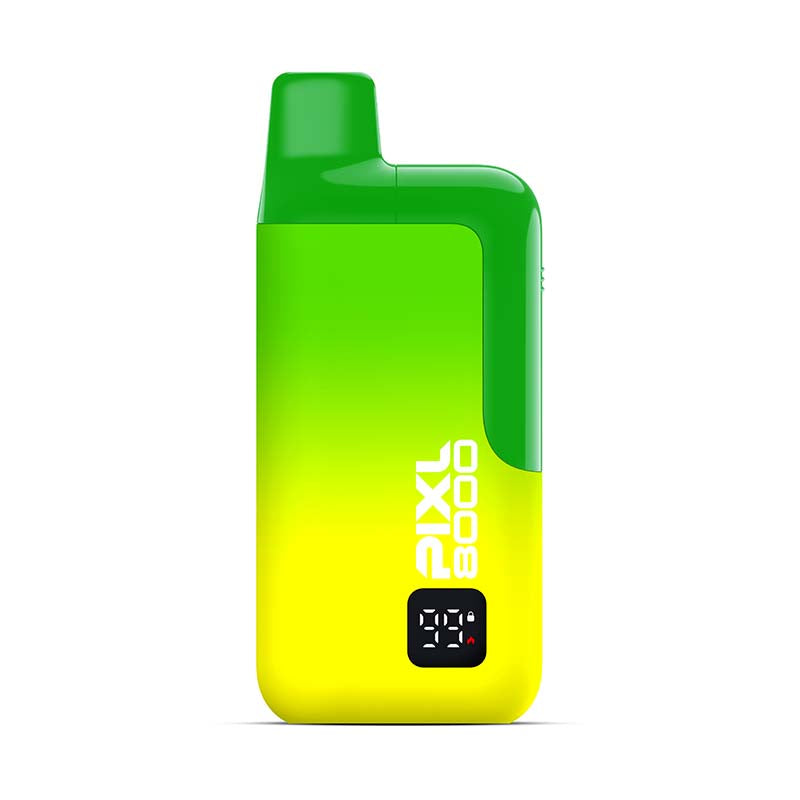 Green and yellow vape device with 'Pixl 8000' branding on a white background