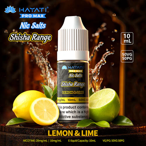 Hayati Pro Max Shisha Range writing Lemon & Lime Eliquid on dark background