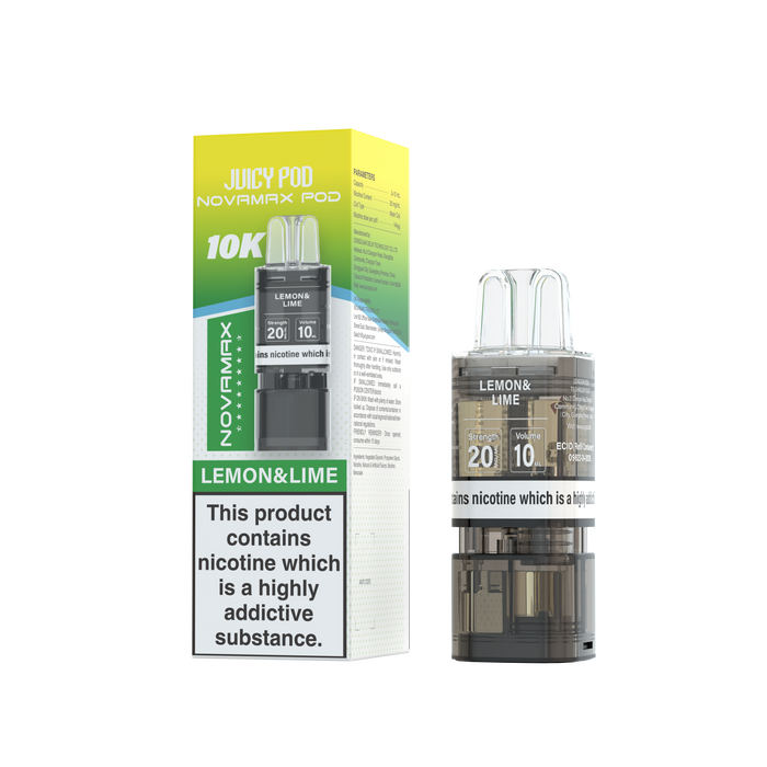 Juicy Pod Novamax pod for vape devices with lemon and lime flavor on a white background