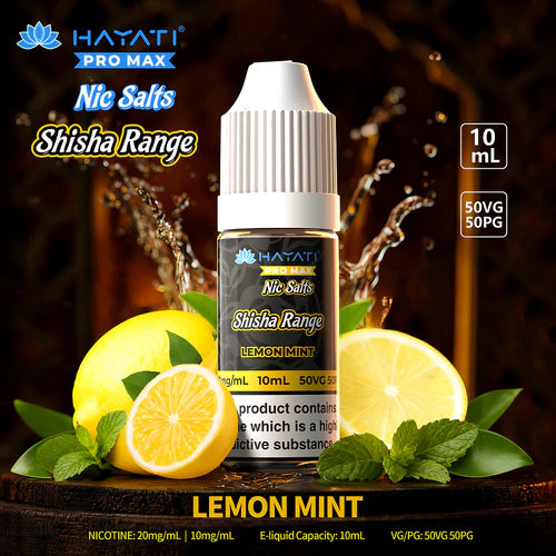 Hayati Pro Max Nic Salts Shisha Range Lemon Mint e-liquid bottle with lemons and mint leaves on a dark background
