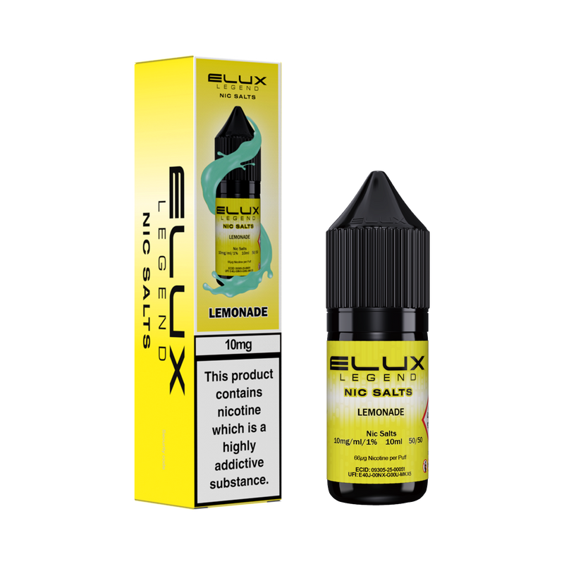 Elux Legend Nic Salts Lemonade bottle and packaging on a white background
