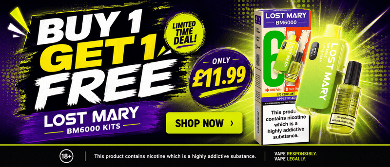 Promotional banner for Lost Mary BM6000 nicotine kits featuring a 'Buy 1 Get 1 Free' offer, a box of the product, and two green vape devices on a dark purple and yellow background.