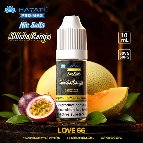 Hayati Pro Max Nic Salts Shisha Range Love 66 e-liquid bottle with fruit background