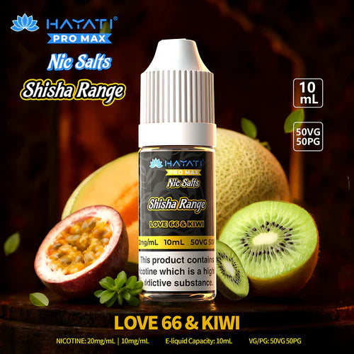 Hayati Pro Max Shisha Range Logo with Love 66 and Kiwi Fruit e-liquid on dark background