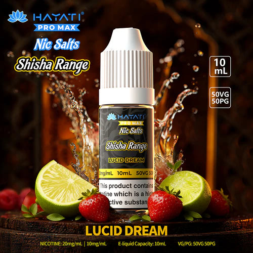 Hayati Pro Max Nic Salts Shisha Range Lucid Dream e-liquid bottle with fruit on a wooden background