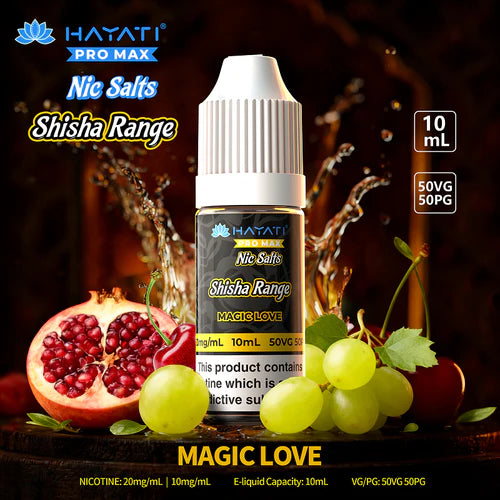 Hayati Pro Max Nic Salts Shisha Range Magic Love e-liquid bottle with pomegranate and grapes on a dark background