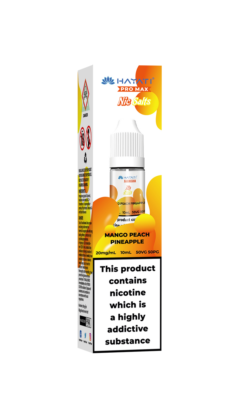 Mango Peach Pineapple vape juice packaging with nicotine warning label on a white background Hayati
