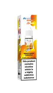Mango peach pineapple flavored e-liquid packaging with nicotine warning label on a white background Hayati