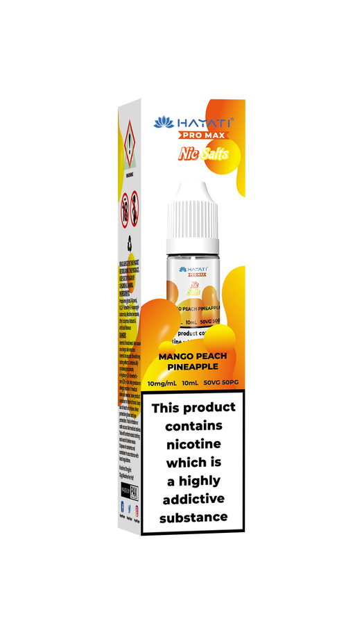 Mango peach pineapple flavored e-liquid packaging with nicotine warning label on a white background Hayati