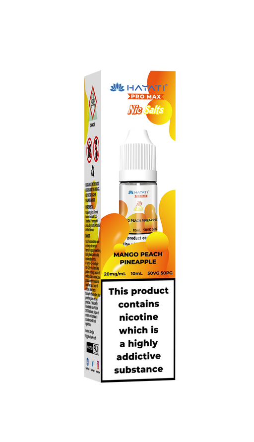 Mango Peach Pineapple vape juice packaging with nicotine warning label on a white background Hayati
