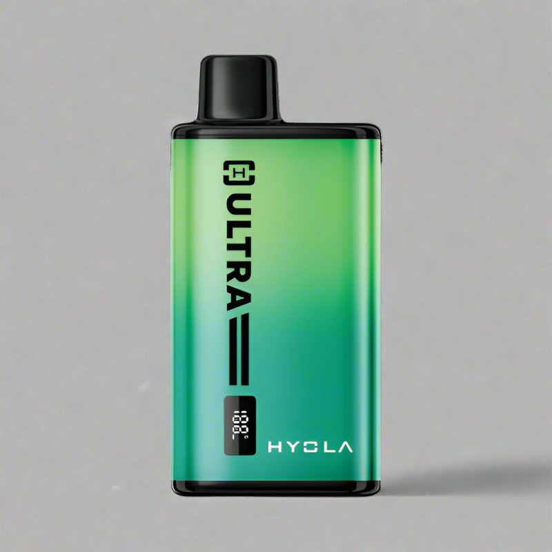 Green and black HYOLA vape device on a white background