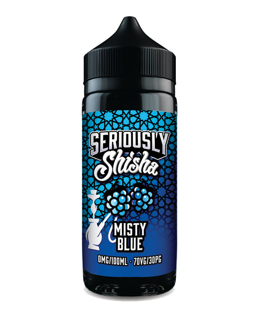 Blue and black 100ml bottle of 'Seriously Shisha' Misty Blue flavour on a white background