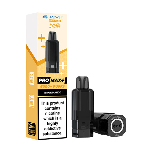 Hayati Pro Max+ vape pod packaging with black vape pod on a white background