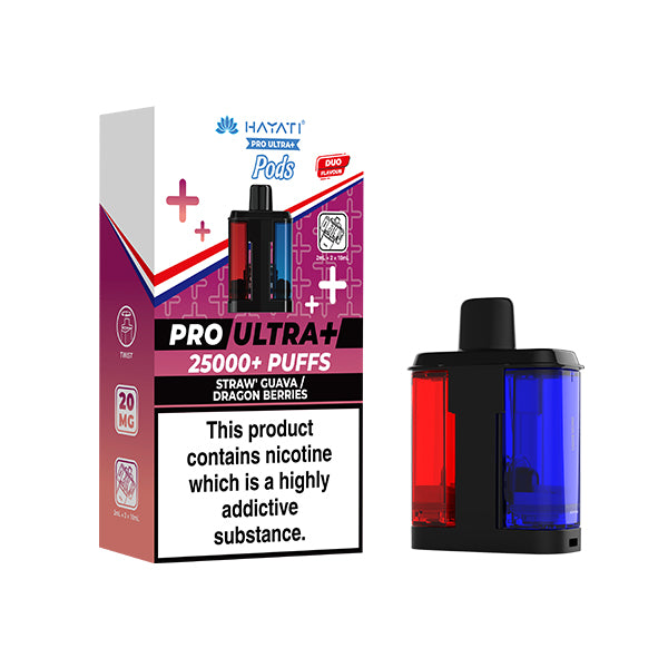 Hayat Pro Ultra+ vape pod packaging with nicotine warning label on a white background Straw Guava and Dragon Berries flavour