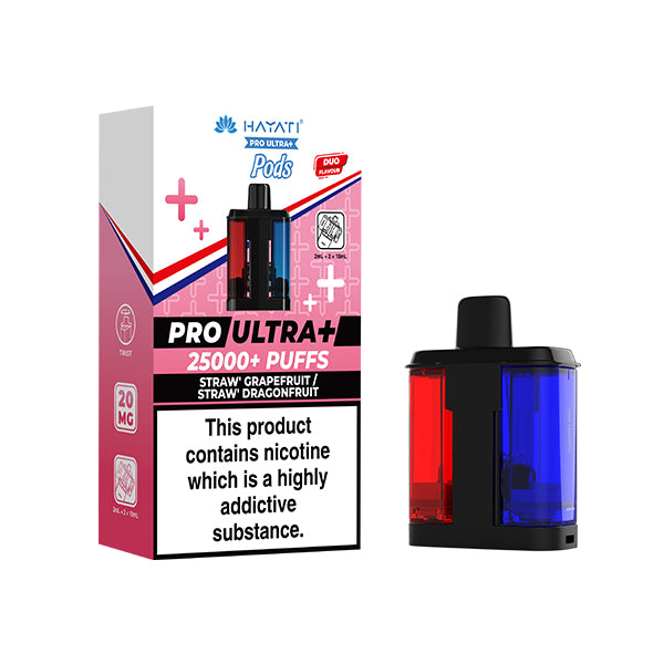 Hayati Pro Ultra+ vape pod packaging with nicotine warning label on a white background Straw Grapefruit Straw Dragonfruit flavour