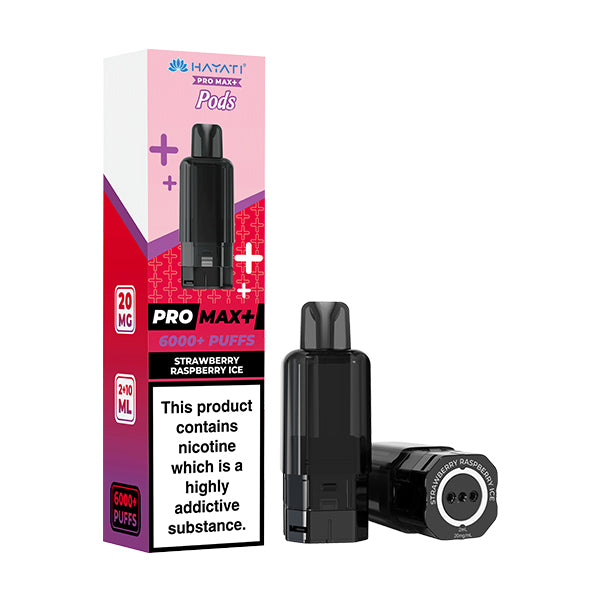 Hayati Pro Max+ vape pod packaging with black vape pod on a white background
