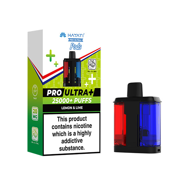 Lemon and Lime Hayat Pro Ultra+ vape pod packaging with nicotine warning label on a white background