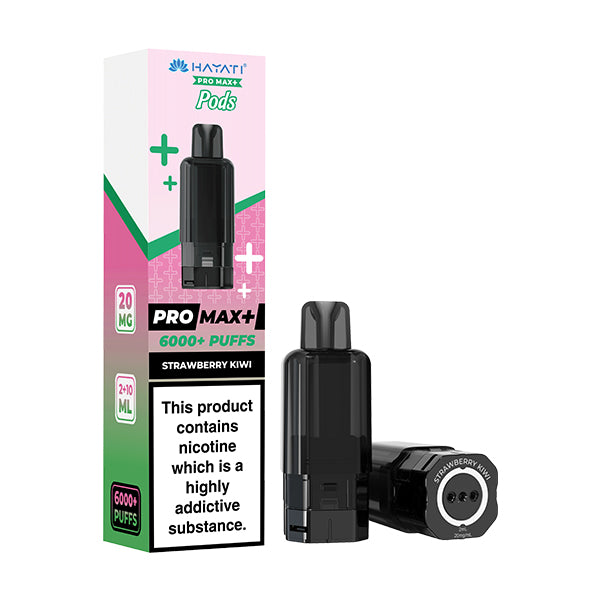 Hayati Pro Max+ vape pod packaging with black vape pod on a white background
