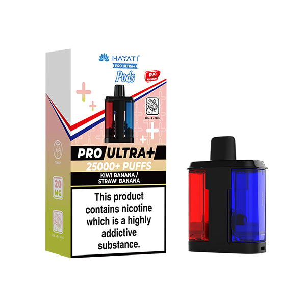 Kiwi Banana and Strawberry Banana  flavour Hayat Pro Ultra+ vape Pods and packaging on a white background