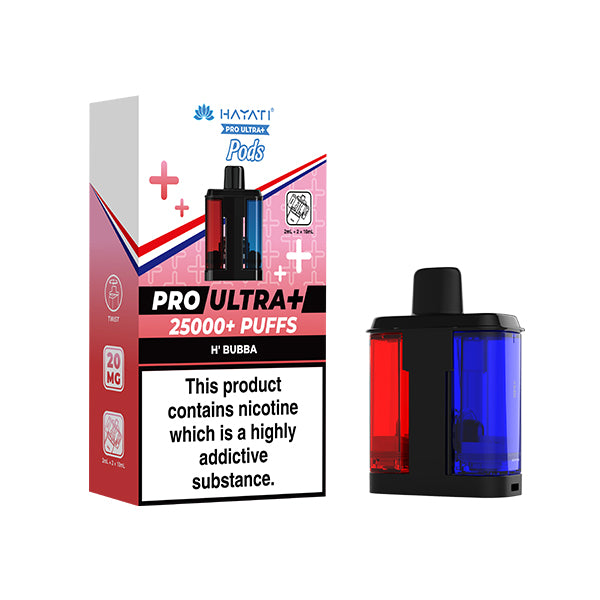 H'Bubba Flavour Hayati Pro Ultra+ vape pod packaging with nicotine warning label on a white background