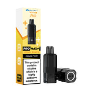 Vape pod packaging with black vape pod and yellow and white box on a white background