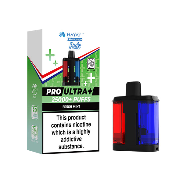 Fresh Mint Flavour Hayati Pro Ultra+ vape pod packaging with nicotine warning label on a white background
