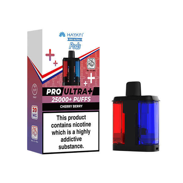Cherry Berry Flavour Hayati Pro Ultra+ vape pods and packaging on a white background